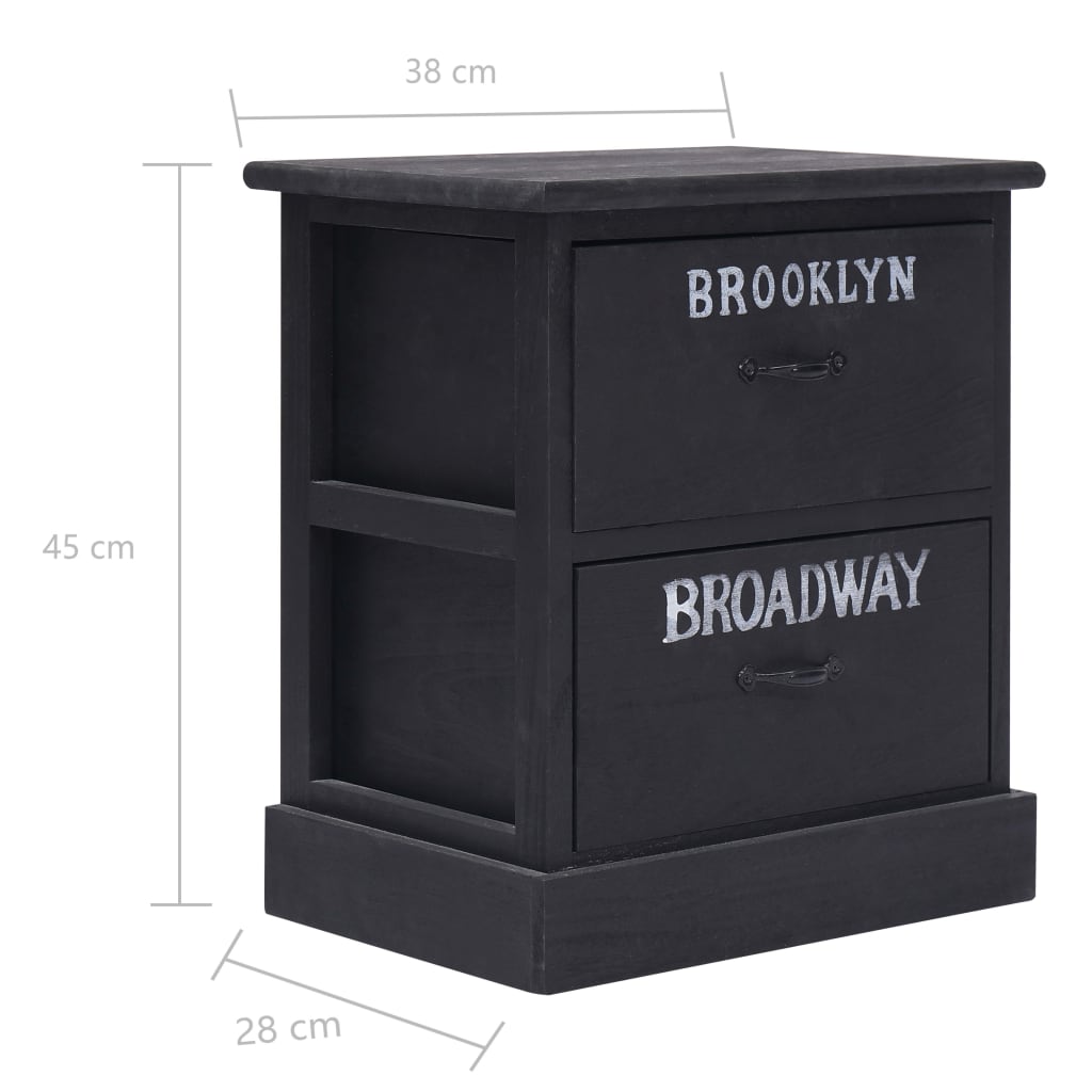 Tables de chevet, lot de 2, noires, 38 x 28 x 45 cm, bois de paulownia