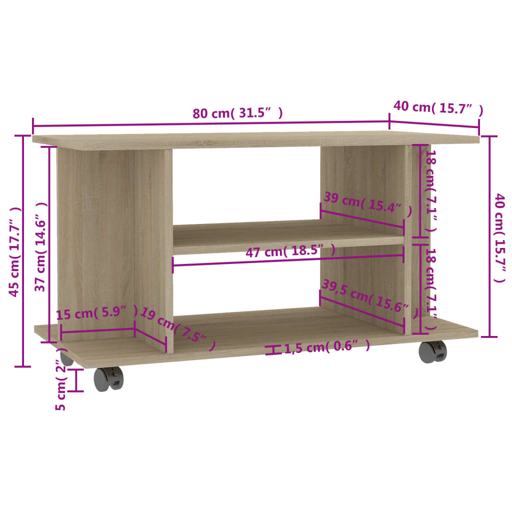 Meuble TV à roulettes Chêne Sonoma 80x40x45 cm matériau bois