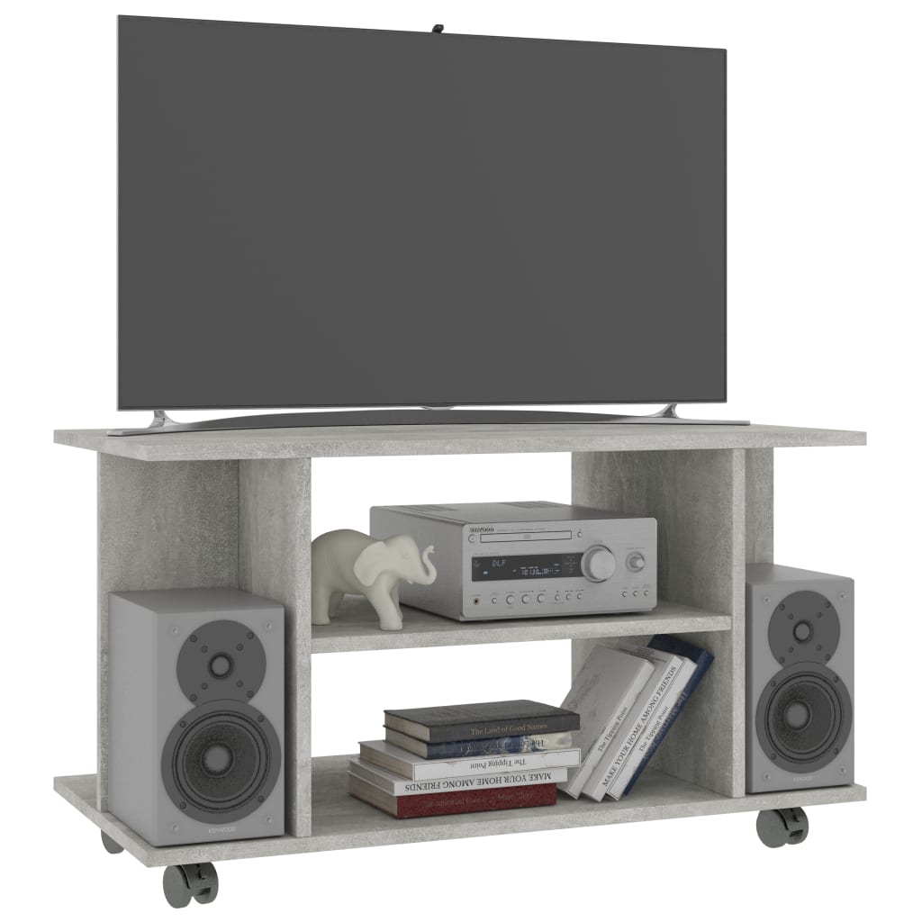 Meuble TV à roulettes gris béton 80x40x45 cm en bois