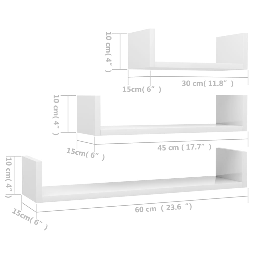Wall shelf 3 pcs. High gloss white wood material