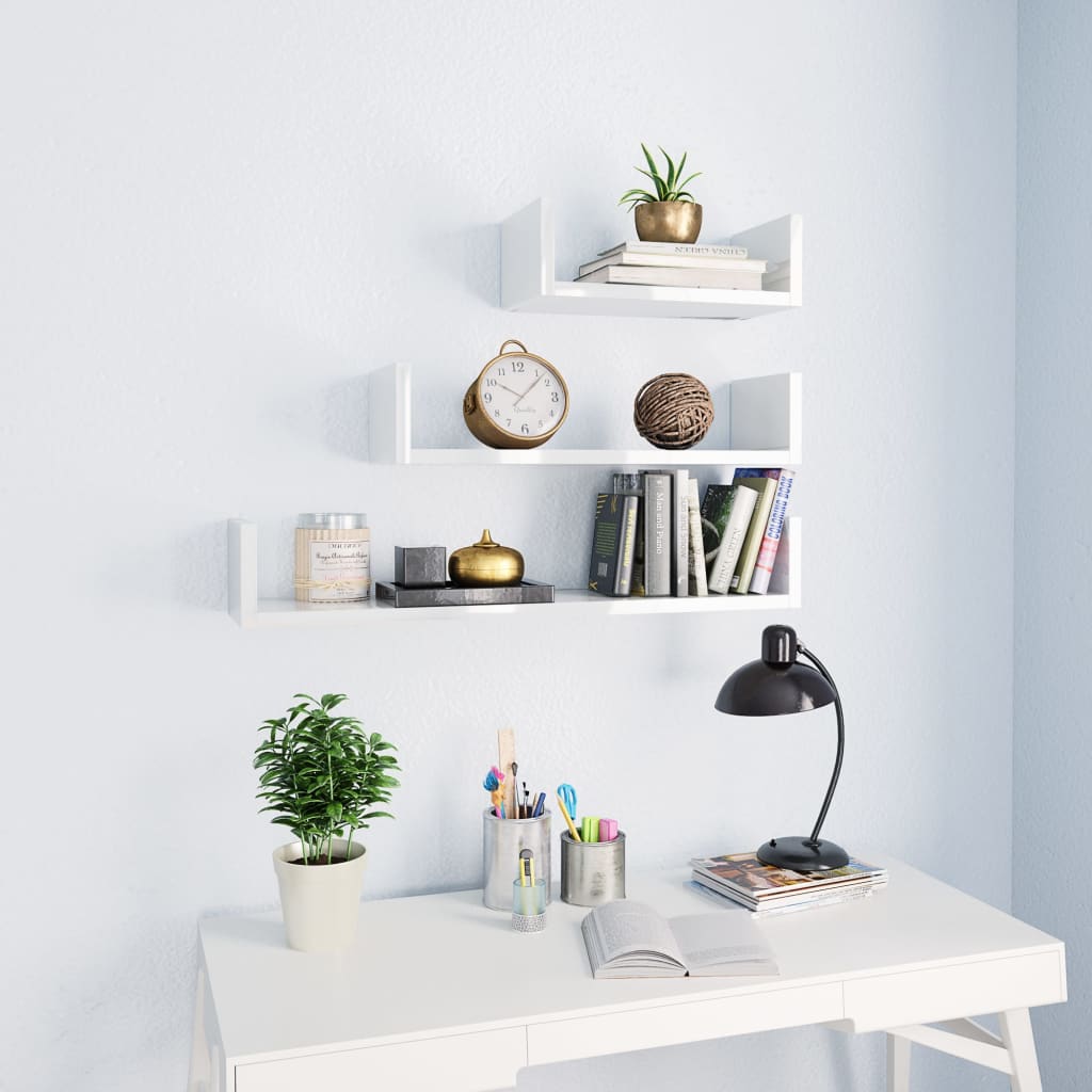 Wall shelf 3 pcs. High gloss white wood material