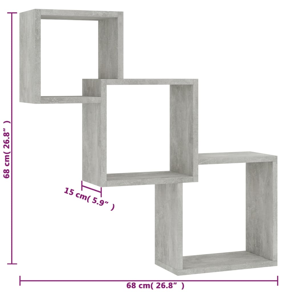 Etagères murales cube gris béton 68x15x68 cm matériau bois