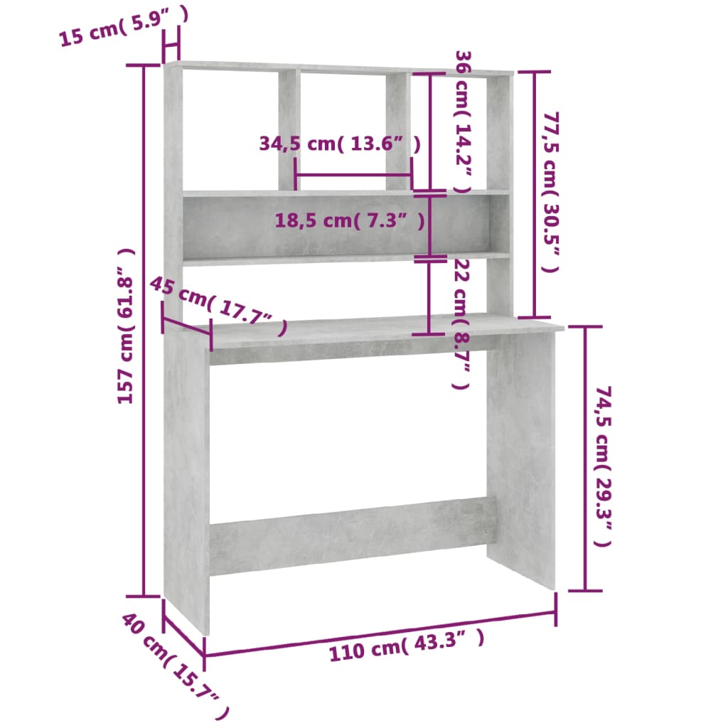 Schreibtisch mit Regalen Betongrau 110x45x157 cm Holzwerkstoff