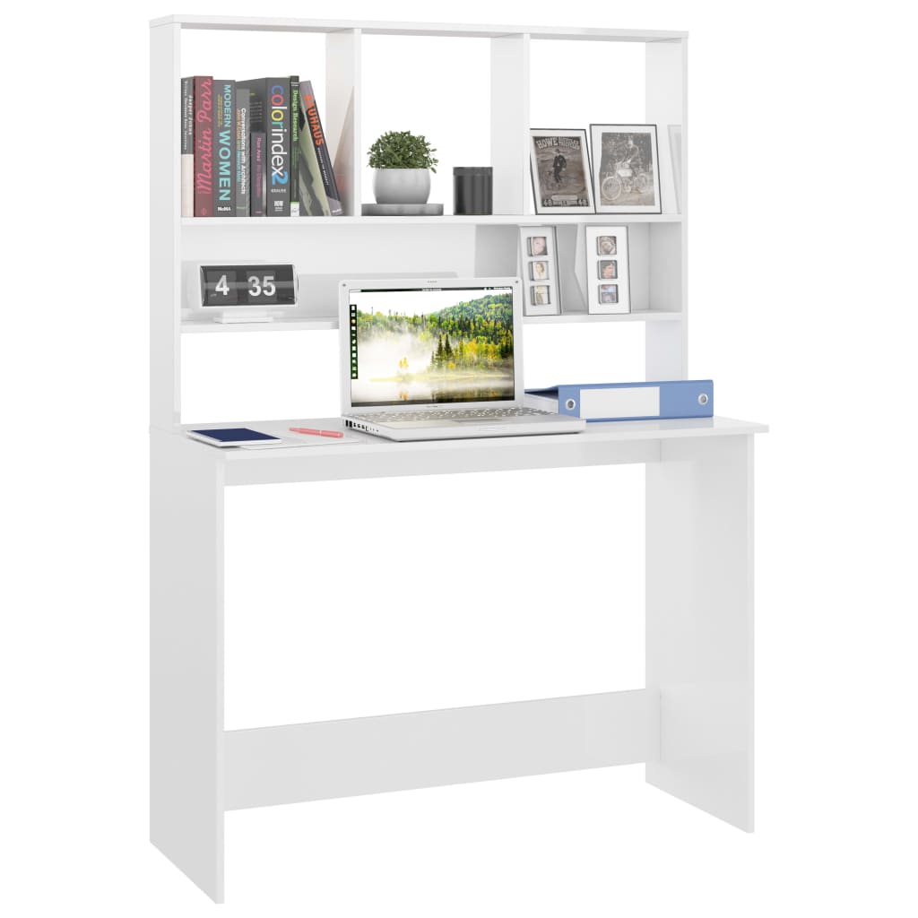 Bureau avec étagères blanc brillant 110x45x157 cm