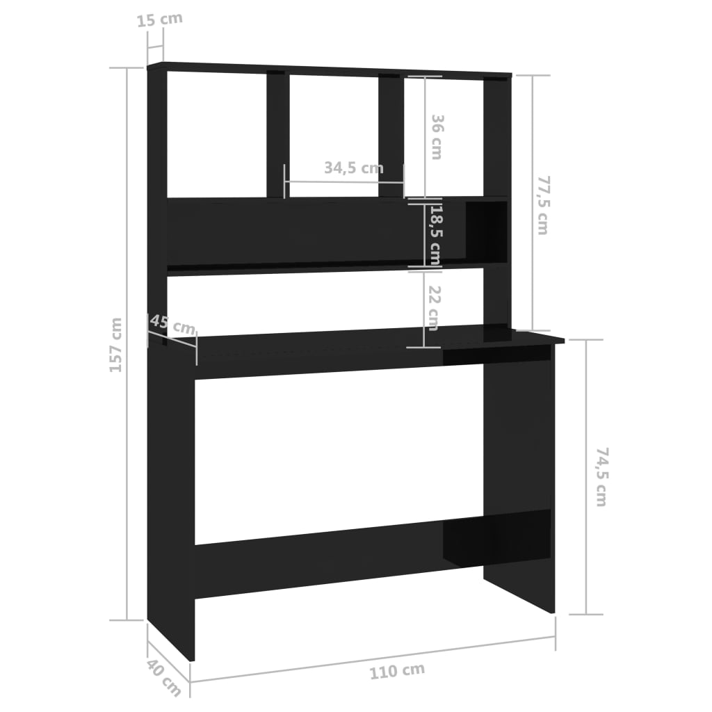 Schreibtisch mit Regalen Hochglanz-Schwarz 110x45x157 cm