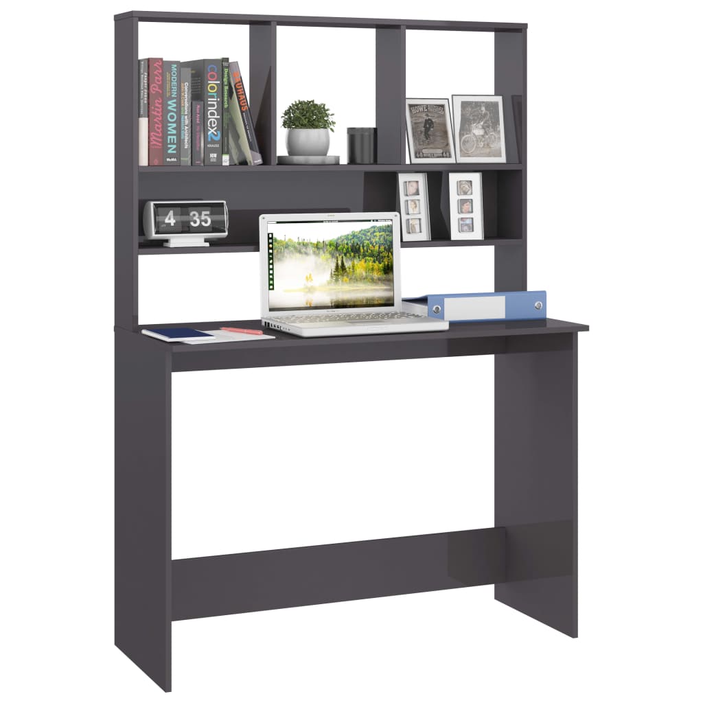 Bureau avec étagères gris brillant 110x45x157 cm