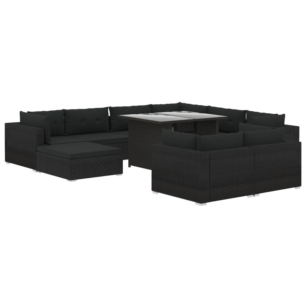 10 pièces. Salon de jardin avec coussins poly rotin noir
