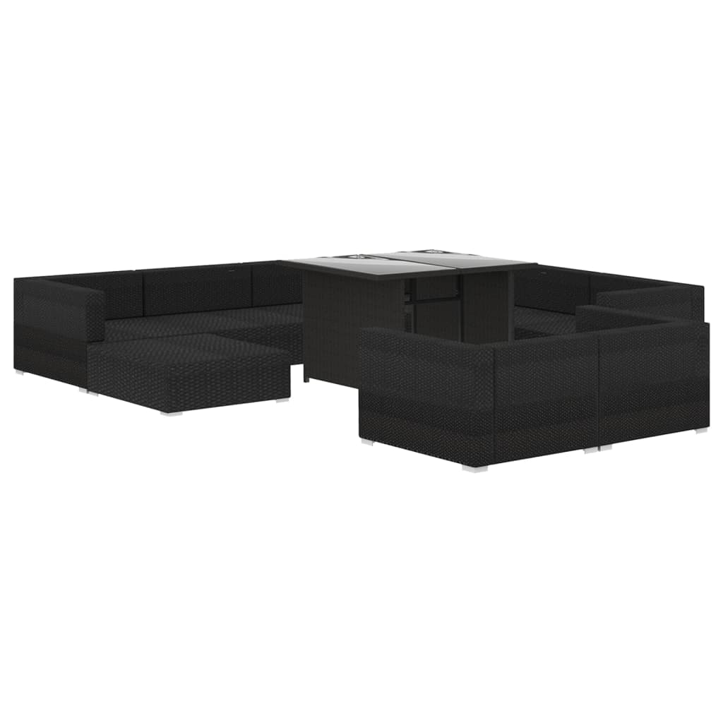 10 pièces. Salon de jardin avec coussins poly rotin noir