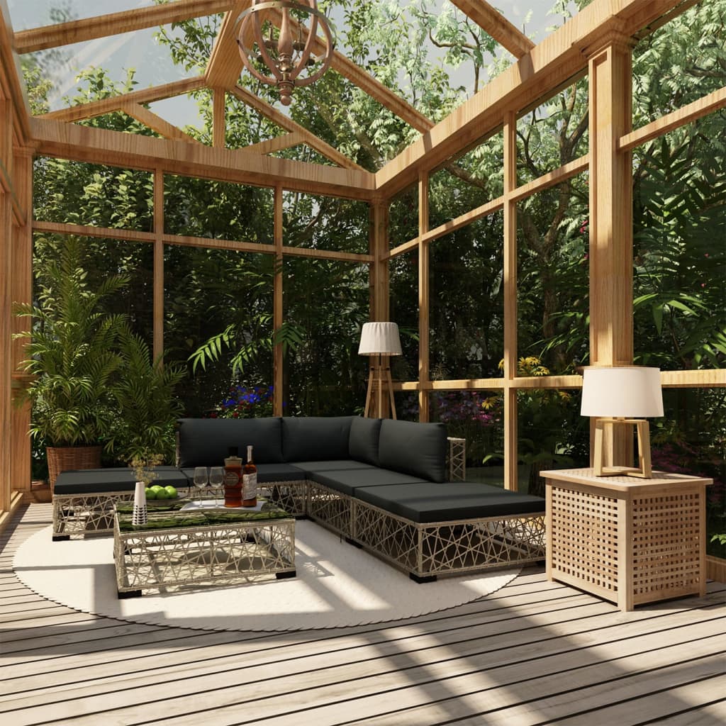 6 pièces. Salon de jardin avec coussins poly rotin gris