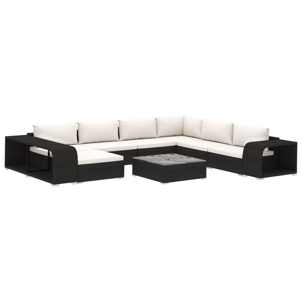10 pièces. Salon de jardin avec coussins poly rotin noir