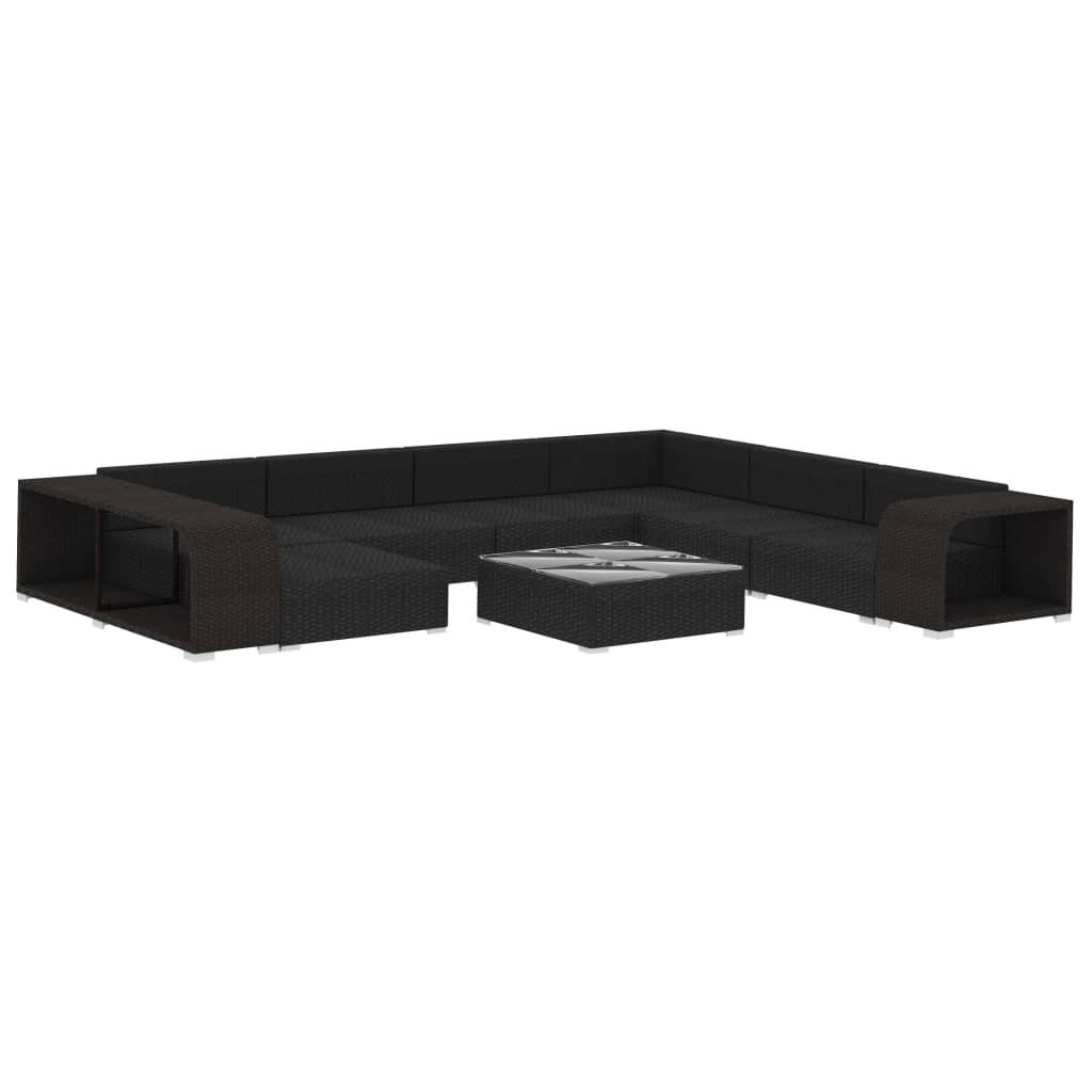 10 pièces. Salon de jardin avec coussins poly rotin noir