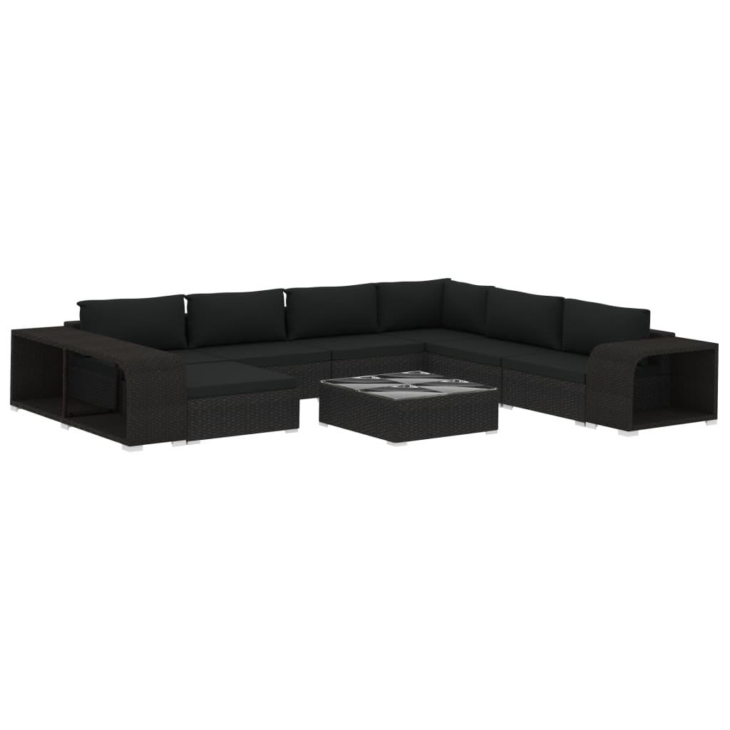 10 pièces. Salon de jardin avec coussins poly rotin noir