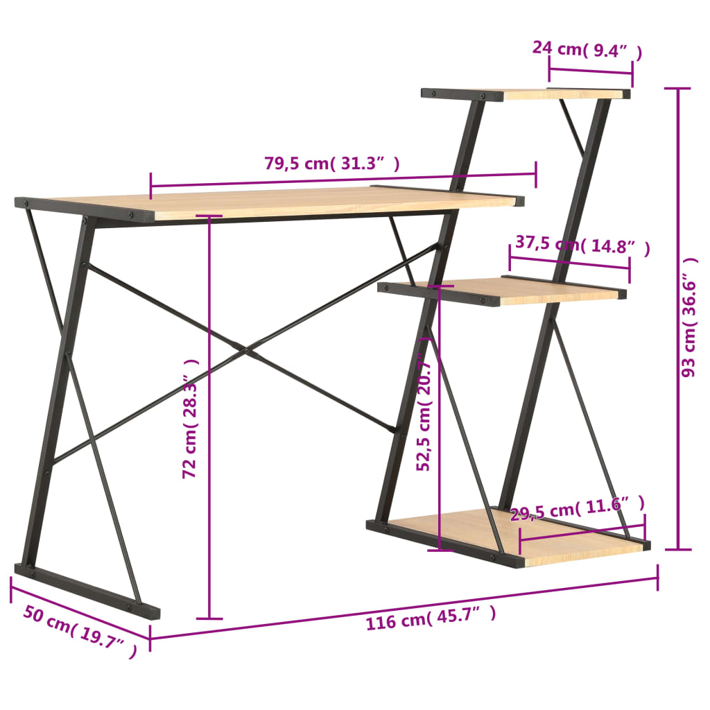 Desk with shelf black and oak 116×50×93 cm