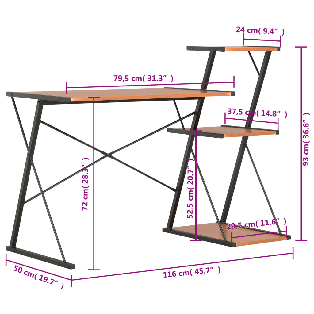 Desk with shelf black and brown 116×50×93 cm