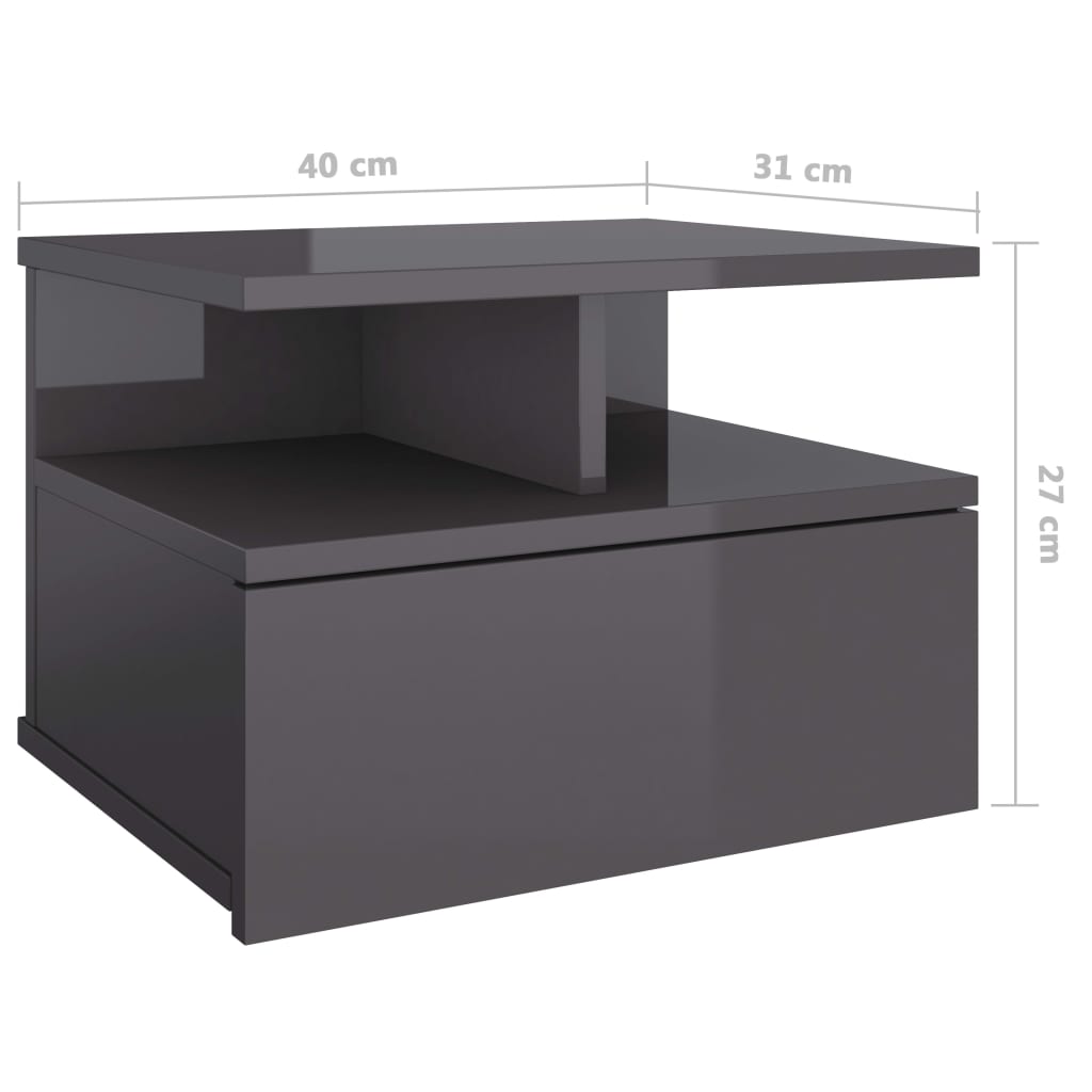 Tables de chevet suspendues, lot de 2, gris brillant, 40 x 31 x 27 cm