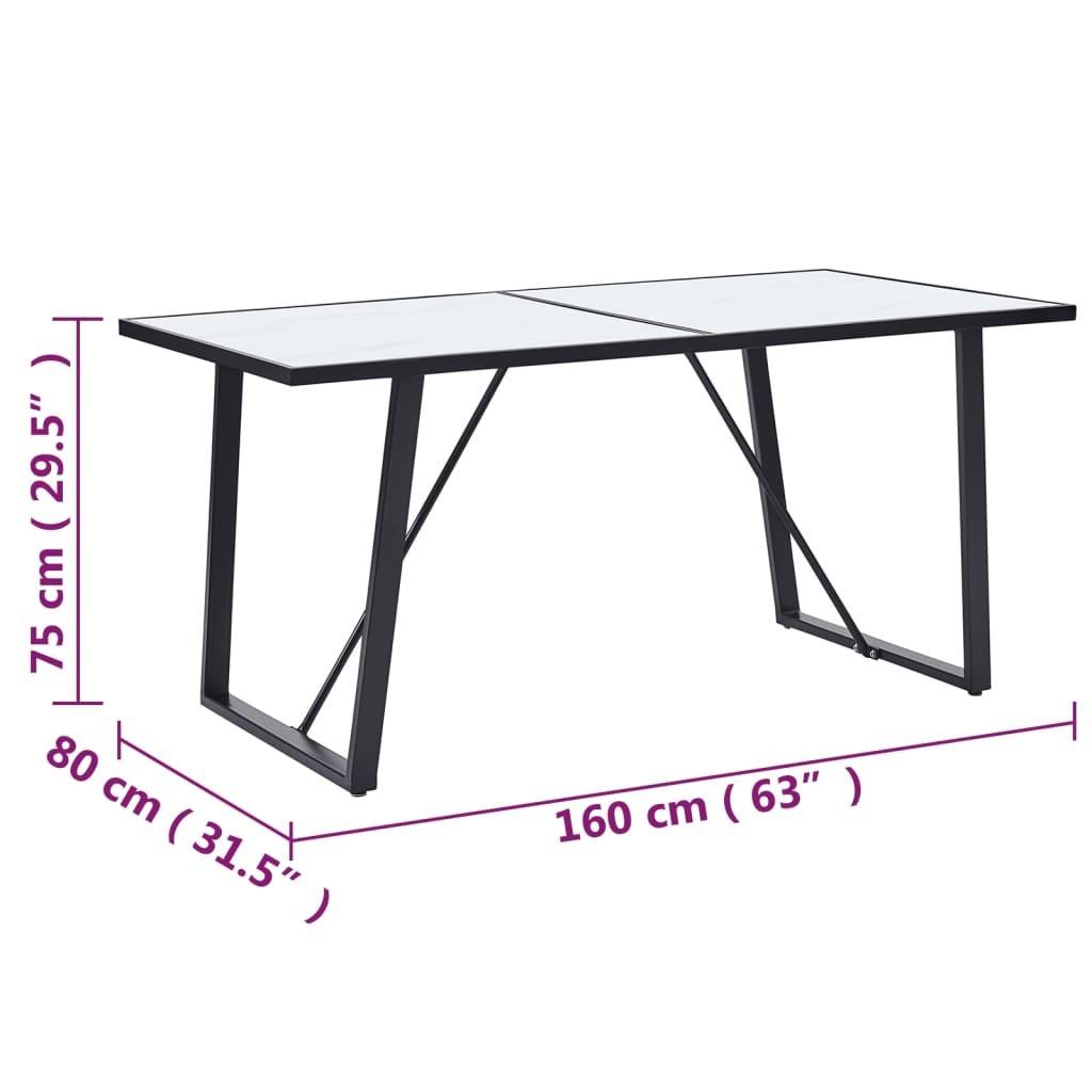 Table à manger blanche 160 x 80 x 75 cm en verre trempé