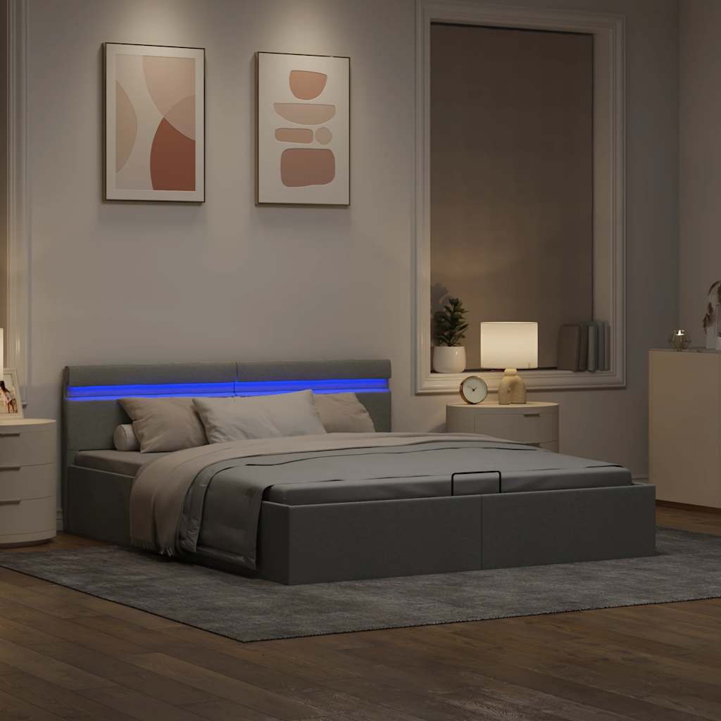 Bett mit Bettkasten Hydraulisch LED Hellgrau Stoff 180x200 cm
