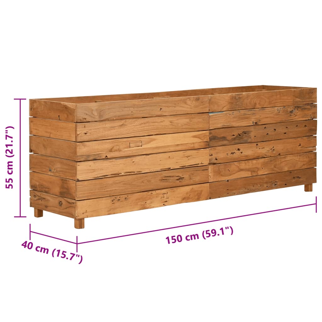 Jardinière surélevée 150x40x55 cm en bois de teck recyclé et acier