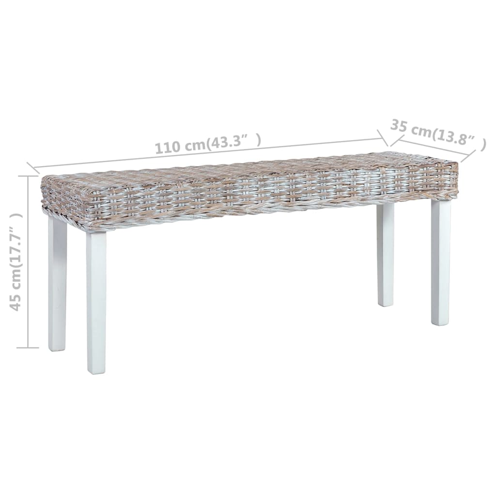 Sitzbank 110 cm Weiß Natur Kubu-Rattan und Massivholz Mahagoni