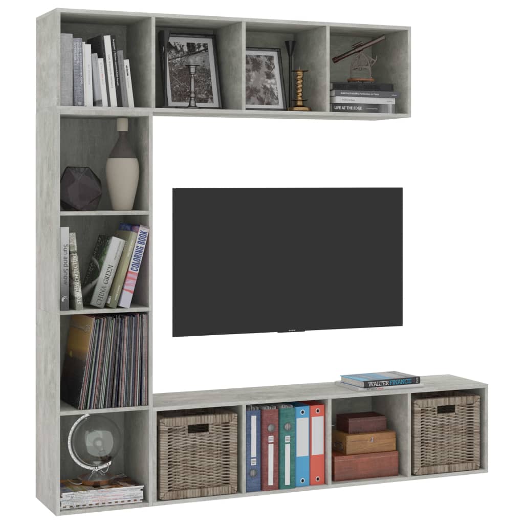Ensemble bibliothèque/meuble TV 3 pièces, gris béton, 180 x 30 x 180 cm