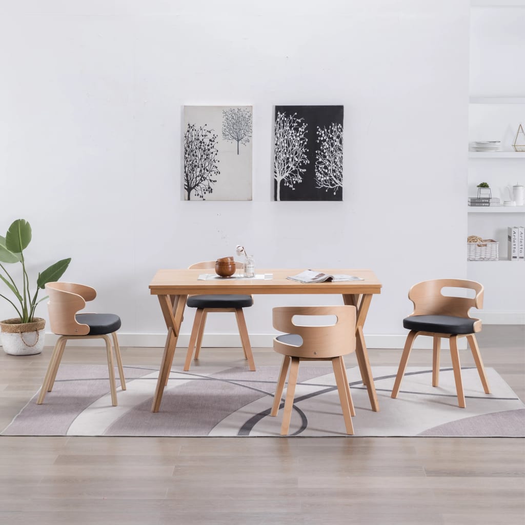 Chaises de salle à manger, lot de 4, en bois courbé noir et similicuir