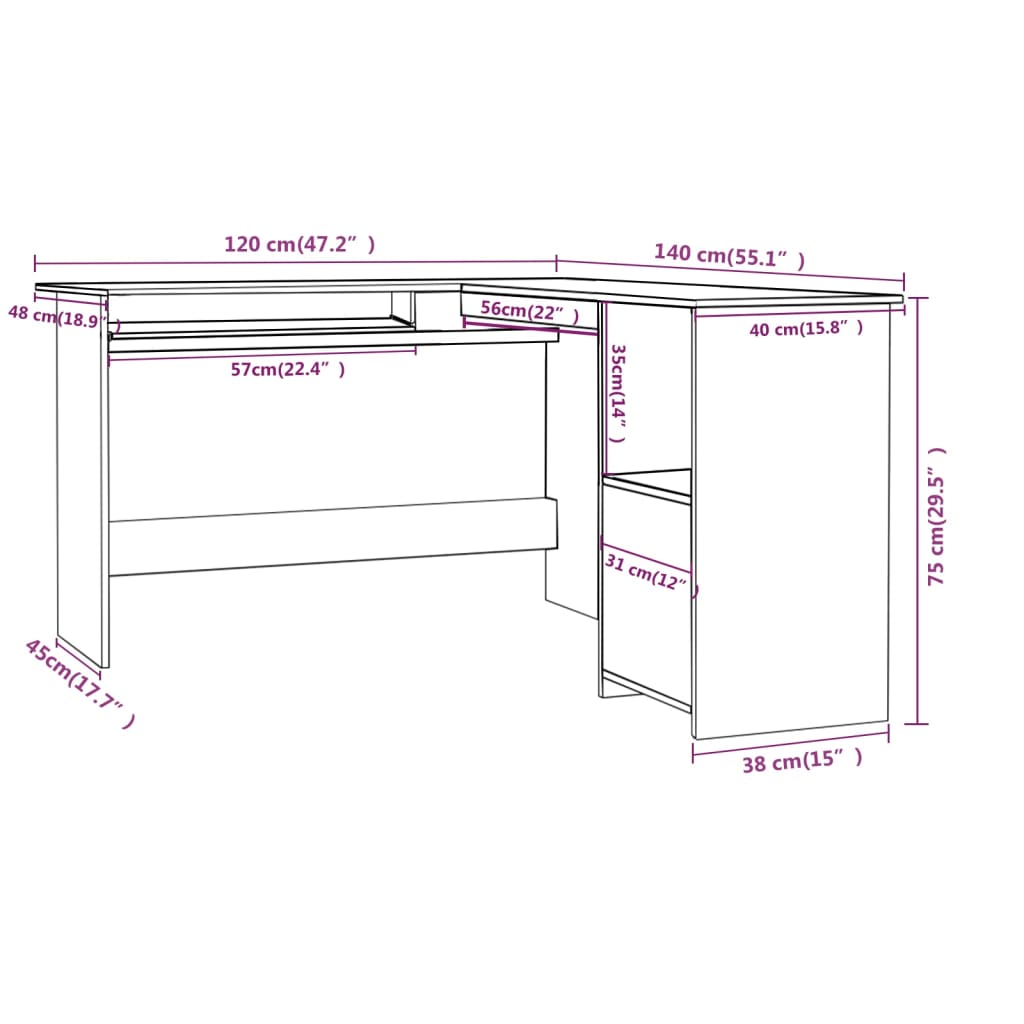 Eckschreibtisch in L-Form Hochglanz-Schwarz 120×140×75 cm
