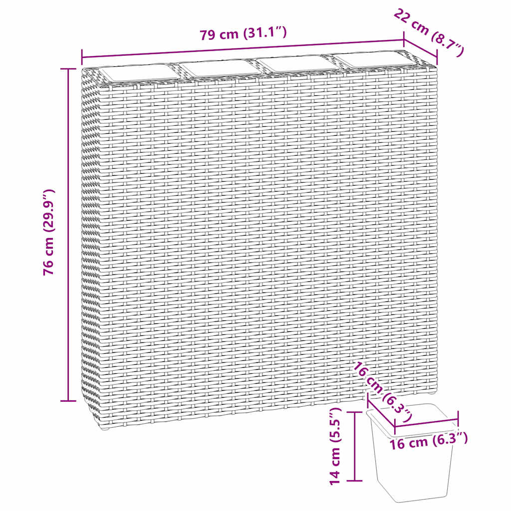 Garten-Hochbeet mit 4 Töpfen 2 Stk. Poly Rattan Grau