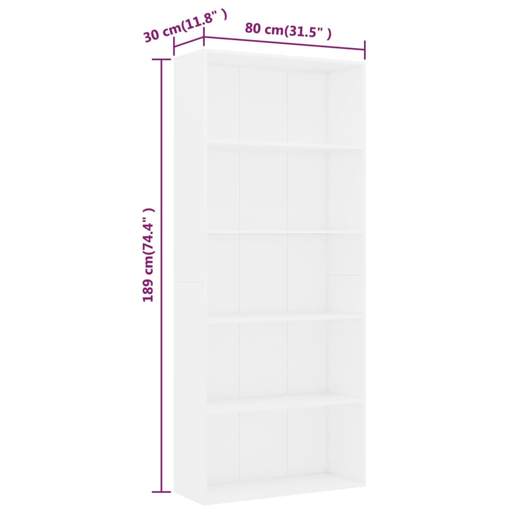 Bookcase 5 Compartments White 80x30x189 cm Wood Material
