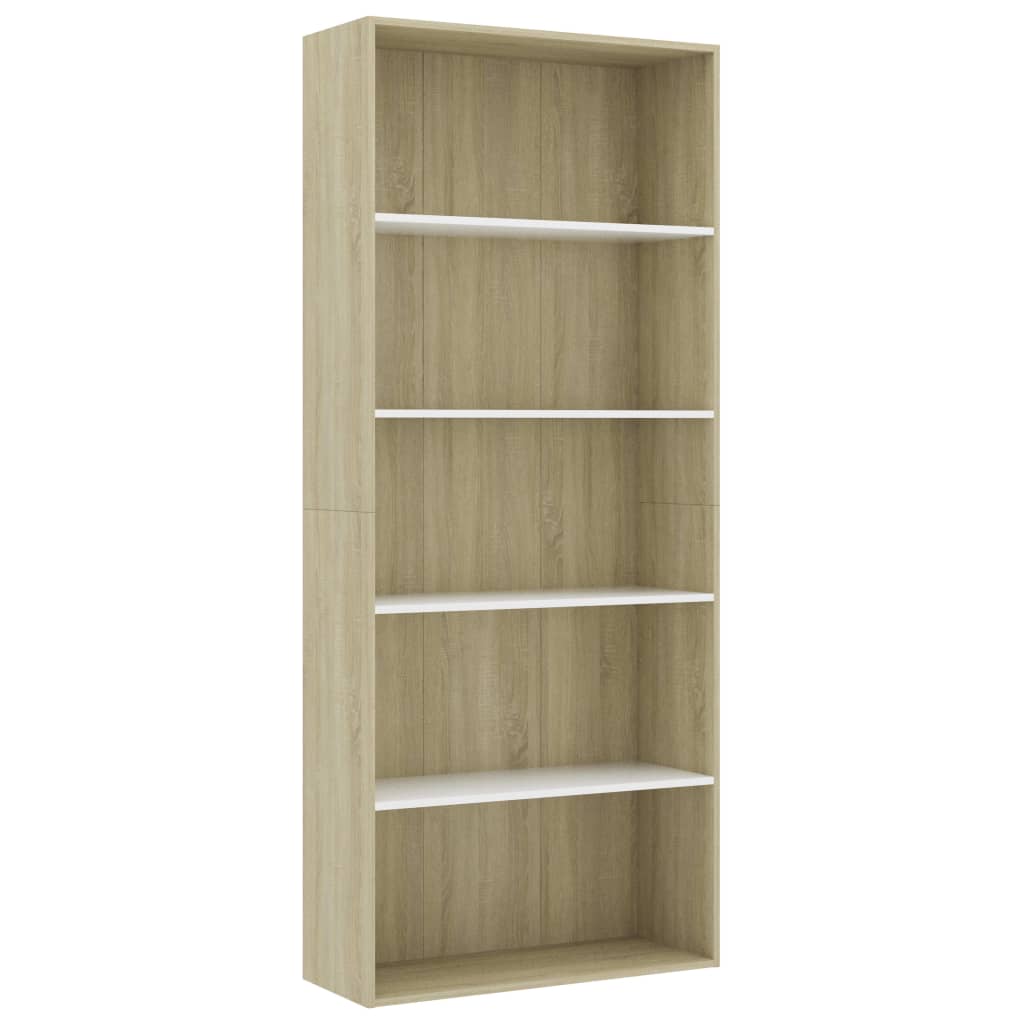 Bücherregal 5 Fächer Weiß Sonoma-Eiche 80x30x189 Holzwerkstoff