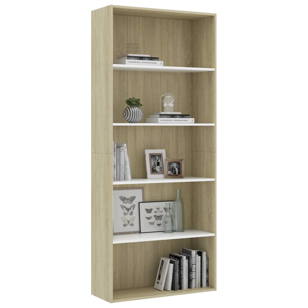 Bücherregal 5 Fächer Weiß Sonoma-Eiche 80x30x189 Holzwerkstoff