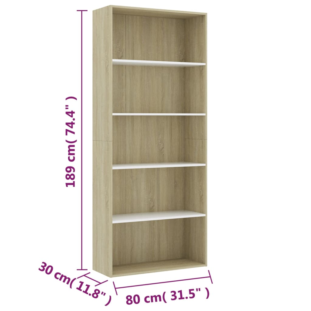 Bücherregal 5 Fächer Weiß Sonoma-Eiche 80x30x189 Holzwerkstoff