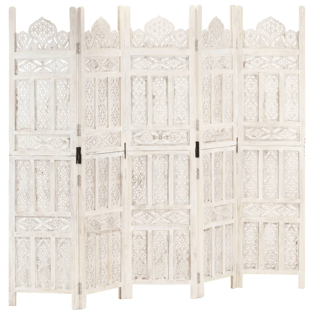 Cloison de séparation 5 pièces en bois de manguier massif sculpté à la main blanc 200 × 165 cm