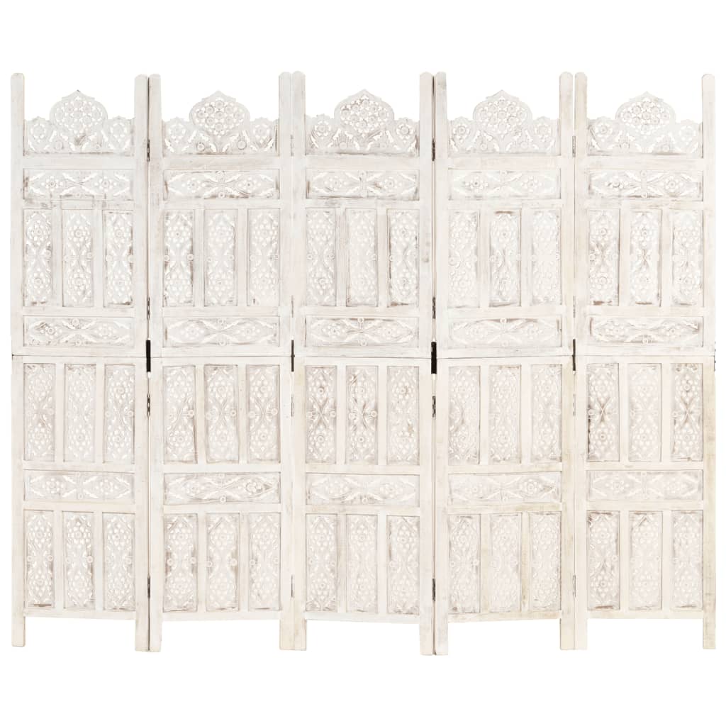 Cloison de séparation 5 pièces en bois de manguier massif sculpté à la main blanc 200 × 165 cm