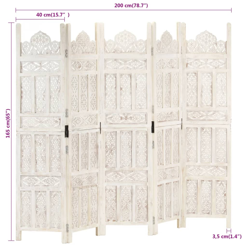 Cloison de séparation 5 pièces en bois de manguier massif sculpté à la main blanc 200 × 165 cm