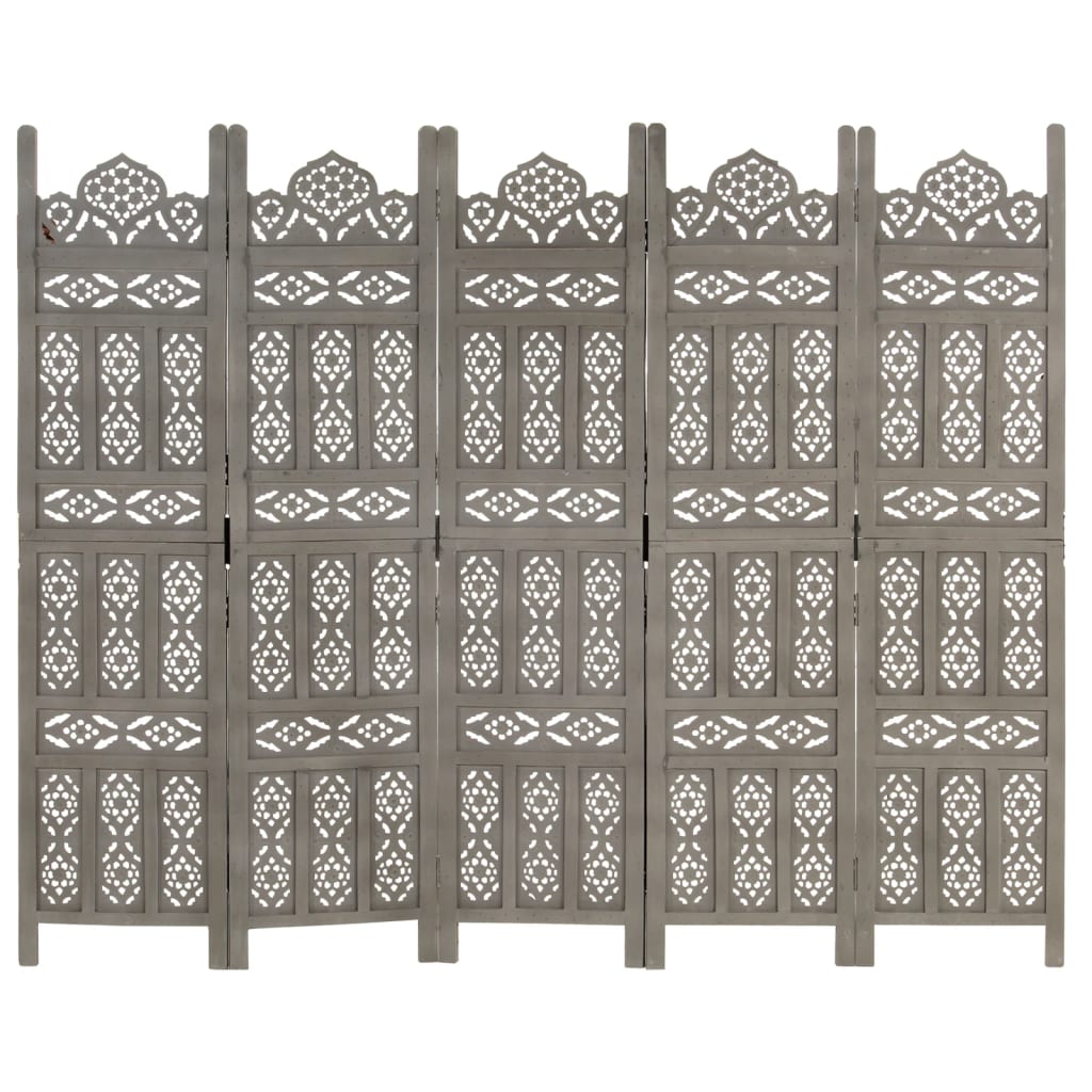 Cloison de séparation 5 pièces en bois de manguier massif sculpté à la main gris 200×165cm