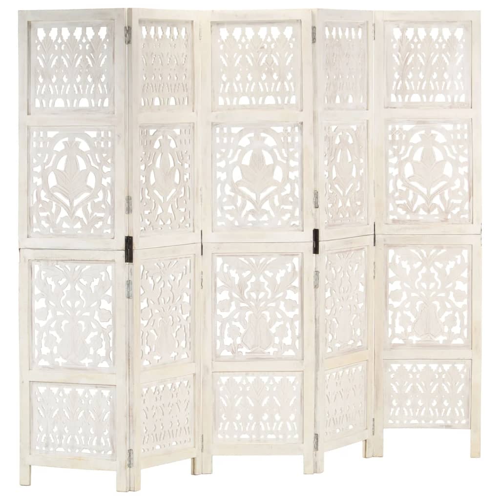 Cloison de séparation 5 pièces en bois de manguier massif sculpté à la main blanc 200 × 165 cm