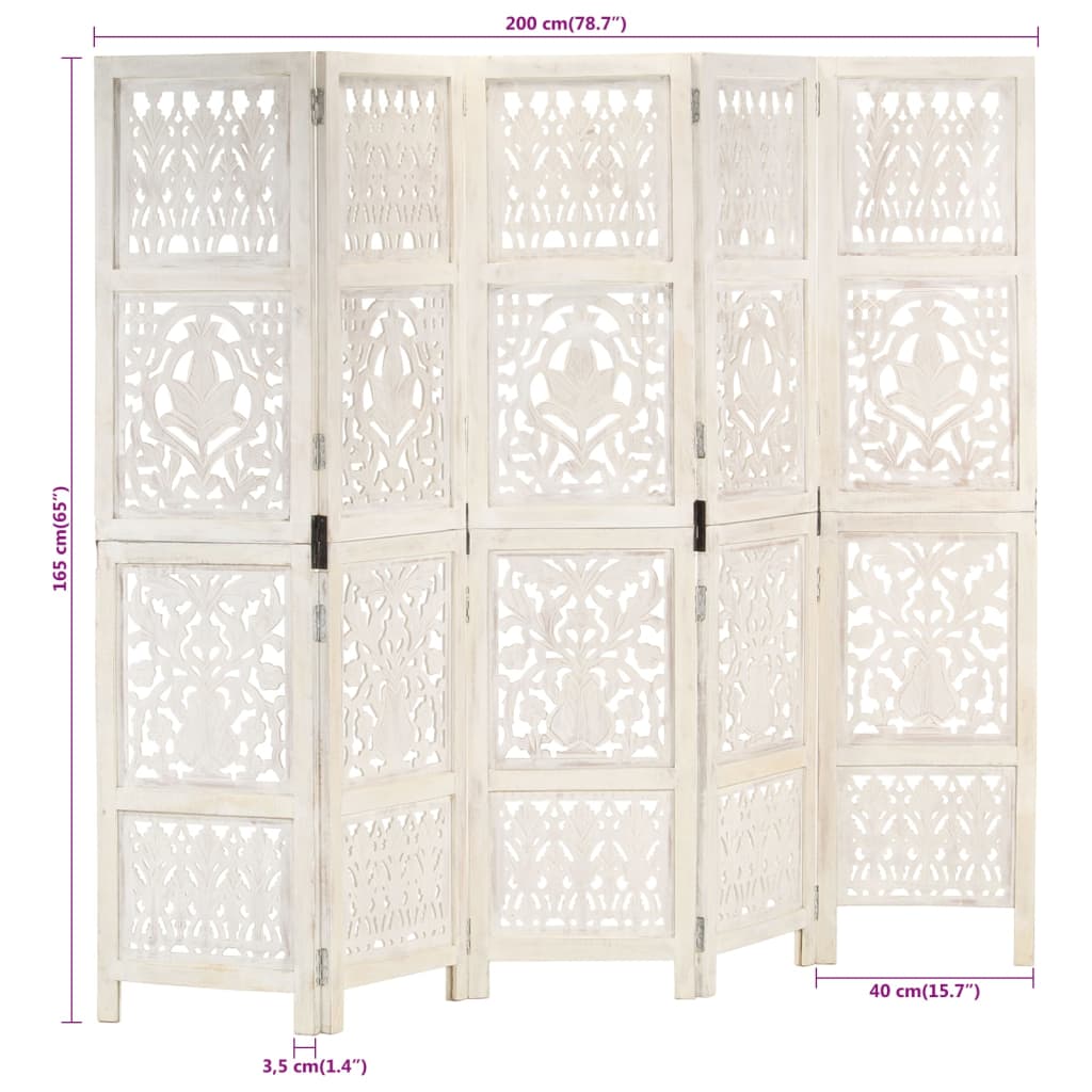 Cloison de séparation 5 pièces en bois de manguier massif sculpté à la main blanc 200 × 165 cm