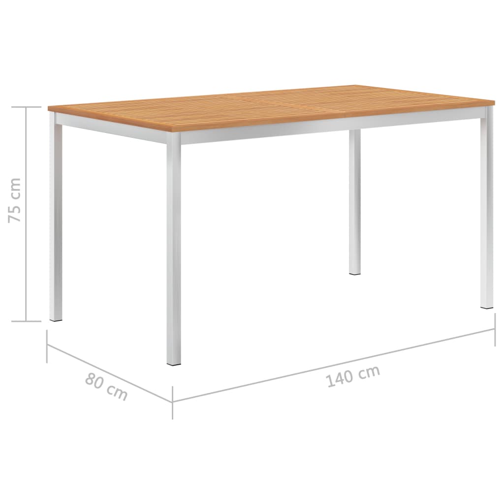 Table à manger de jardin 140x80x75 cm en teck massif et acier inoxydable