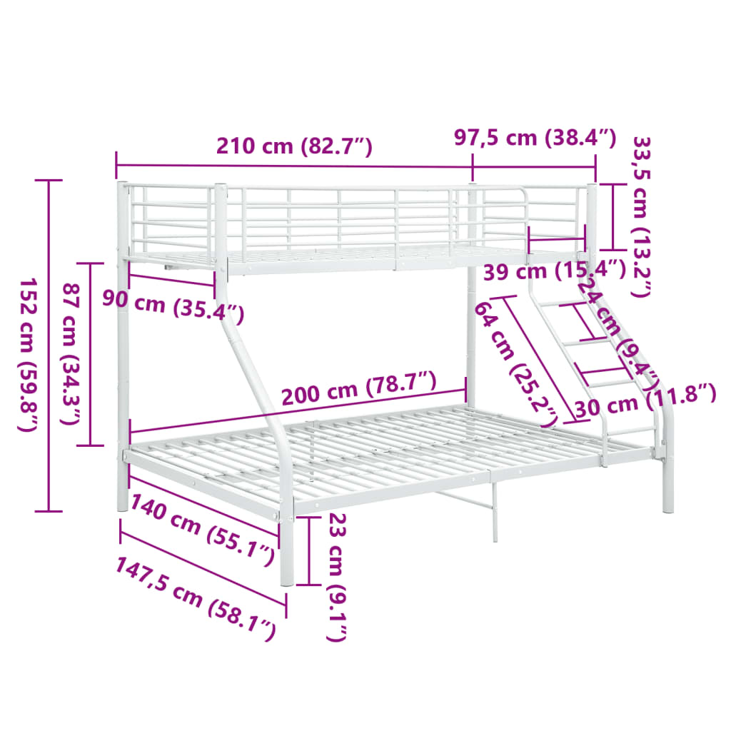 Etagenbettgestell Weiß Metall 140x200 cm/90x200 cm