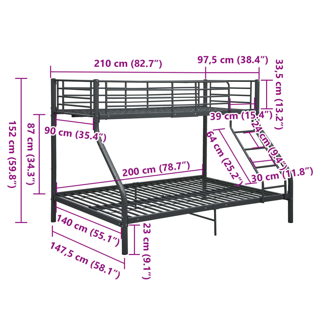 Etagenbettgestell Schwarz Metall 140x200 cm/90x200 cm