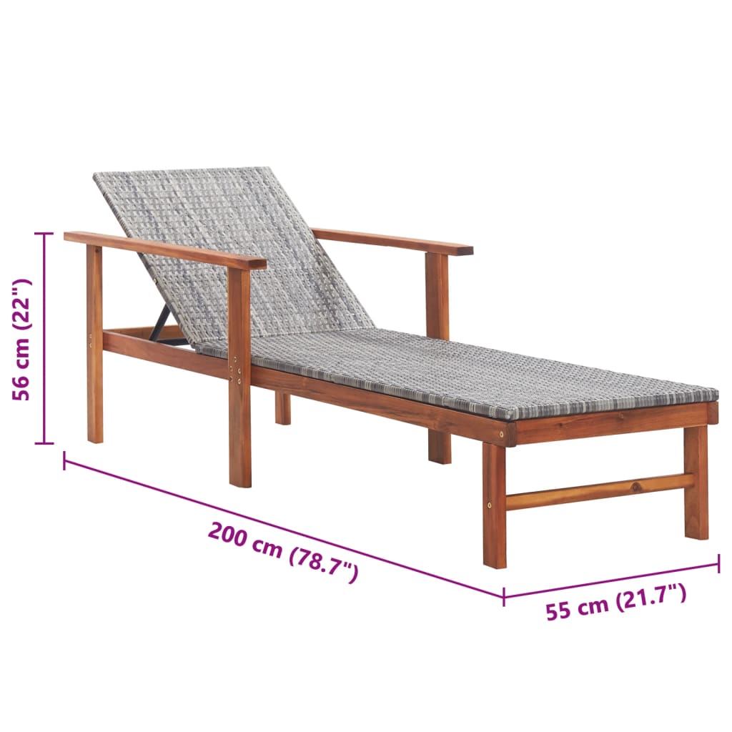 Sun Lounger Poly Rattan and Solid Wood Acacia Grey