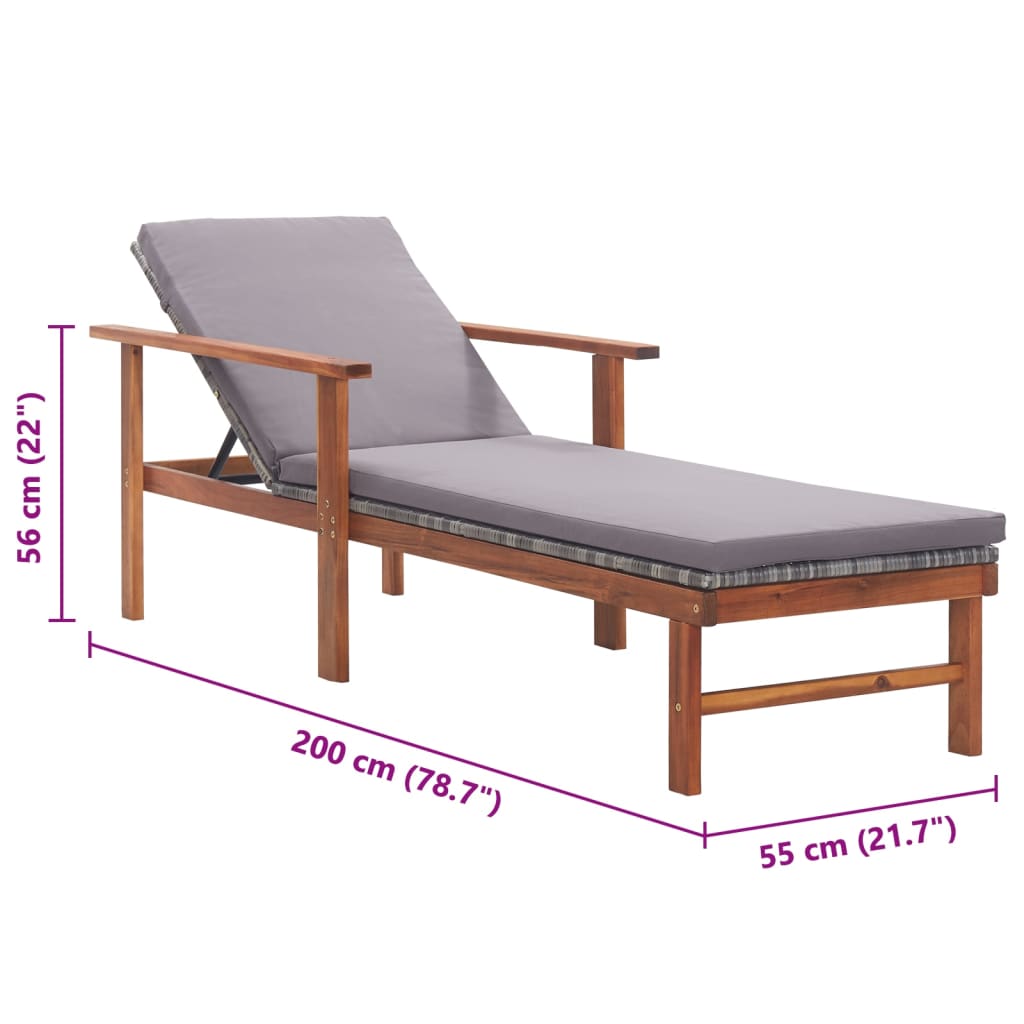 Sun Lounger with Cushion Poly Rattan Acacia Solid Wood Grey