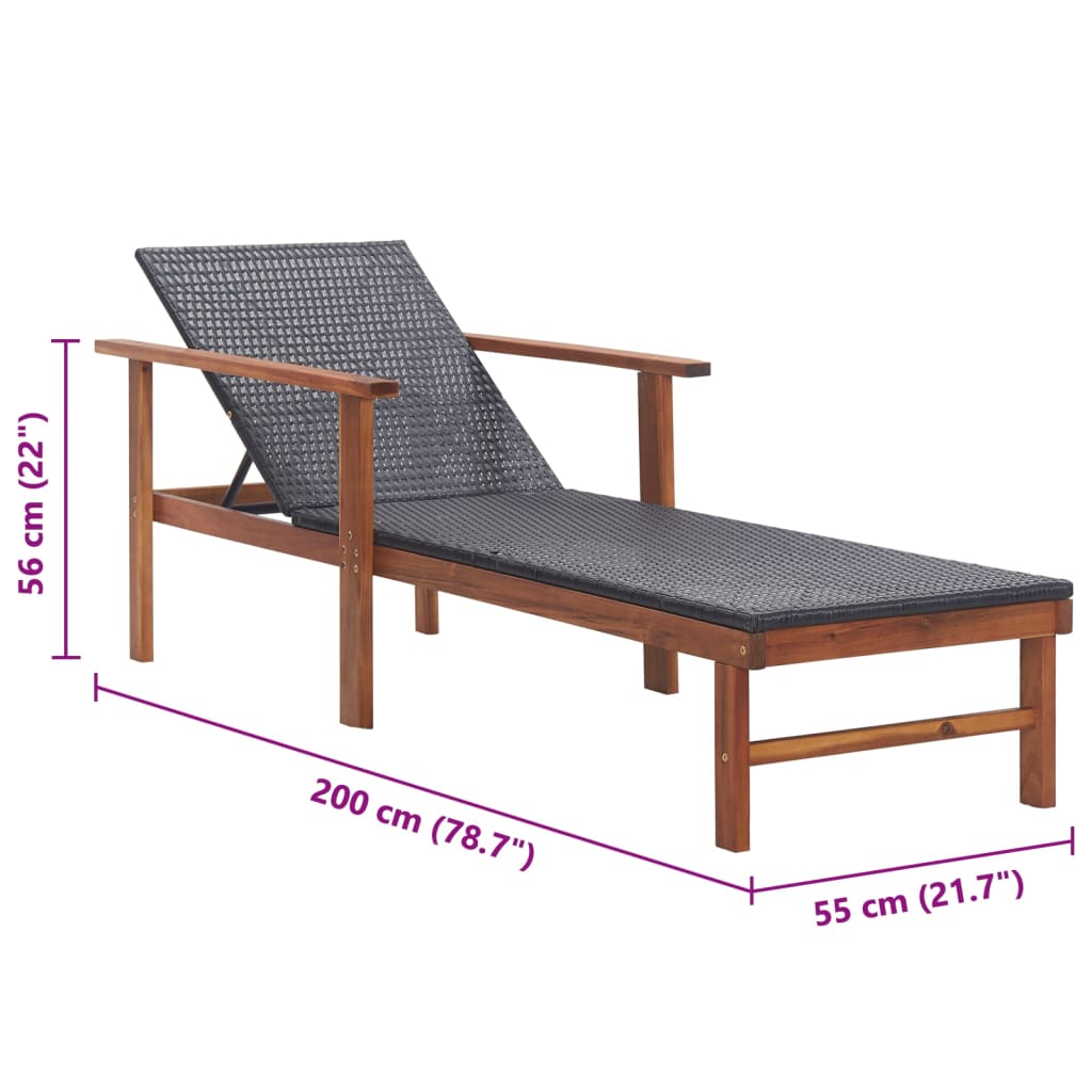 Bain de soleil en poly rotin et bois d'acacia massif noir