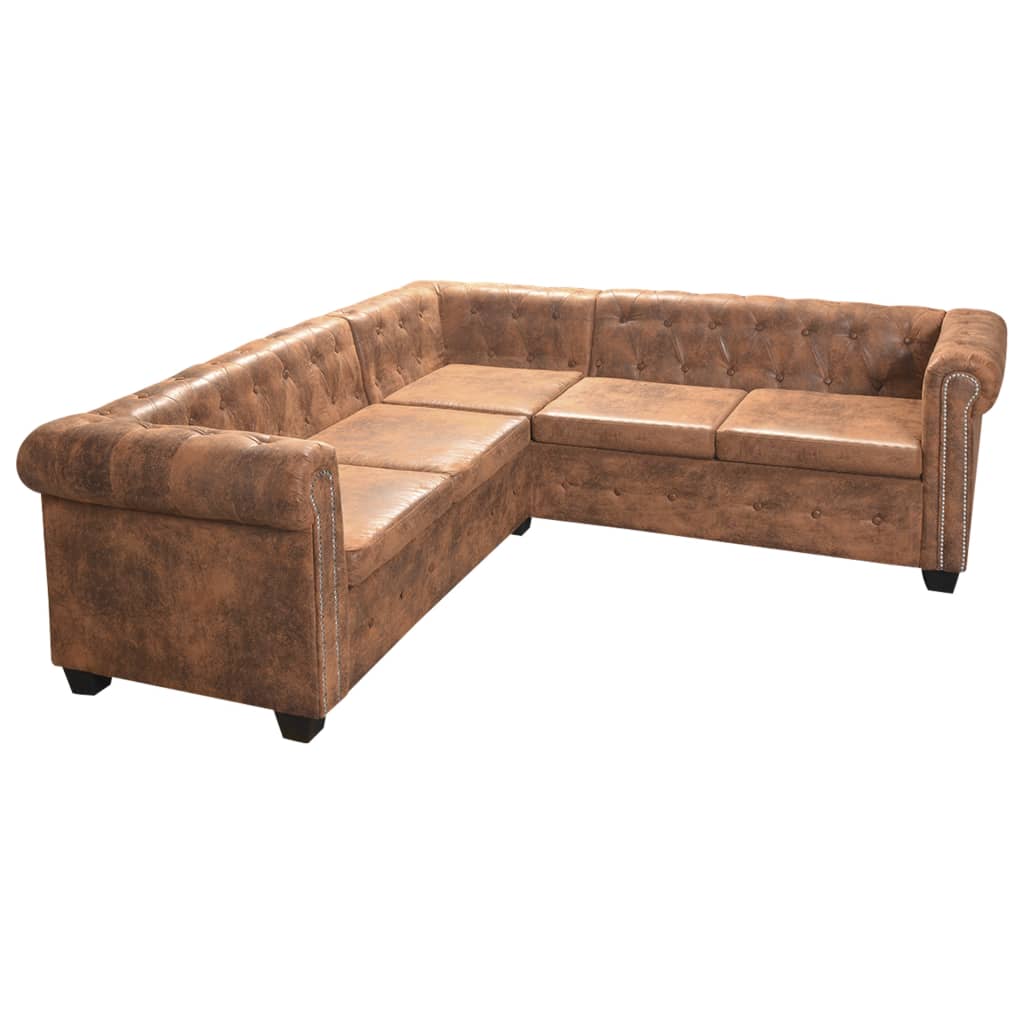Chesterfield-Ecksofa 5-Sitzer Braun Kunstleder