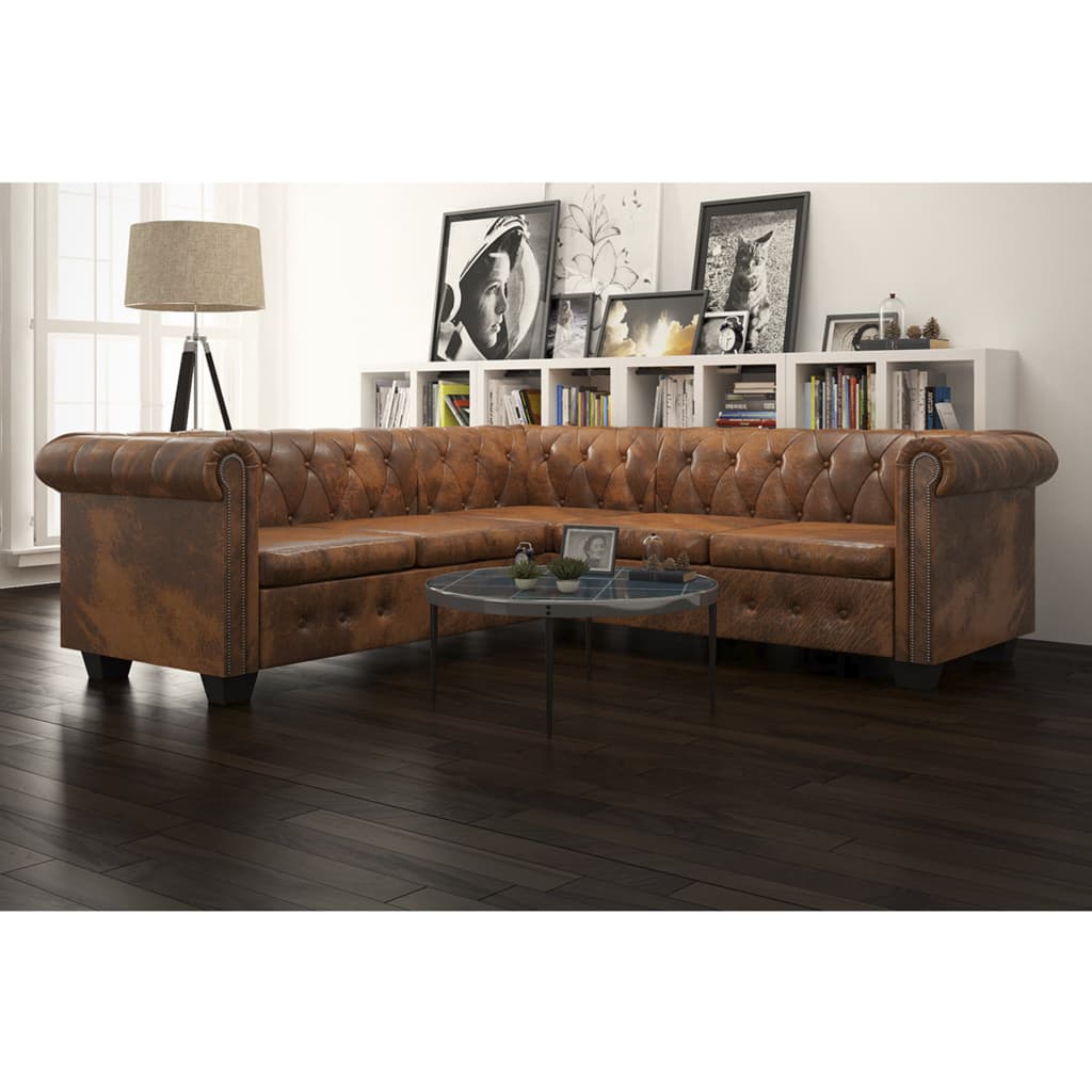 Chesterfield-Ecksofa 5-Sitzer Braun Kunstleder