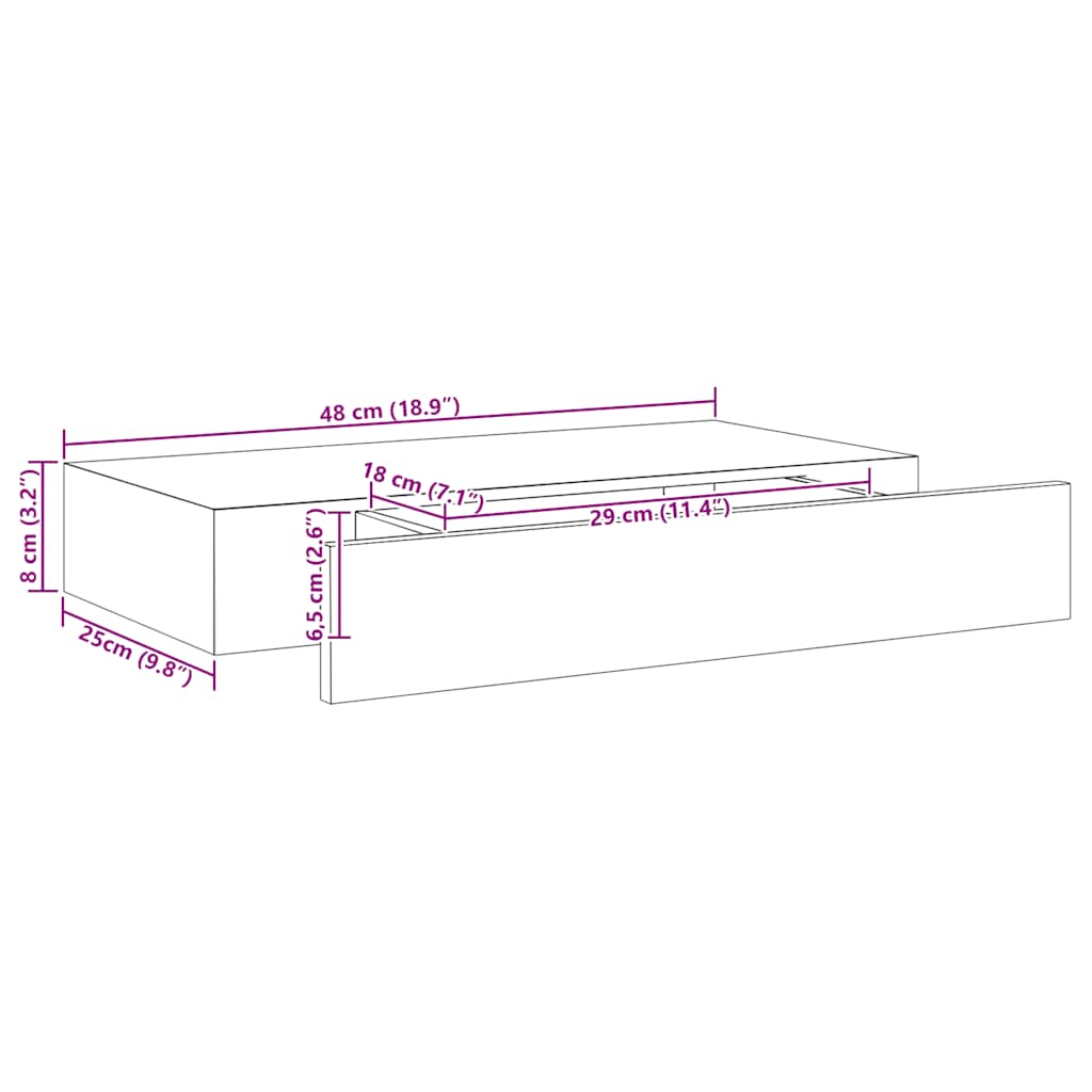 Schweberegal mit Schublade Schwarz 48x25x8 cm