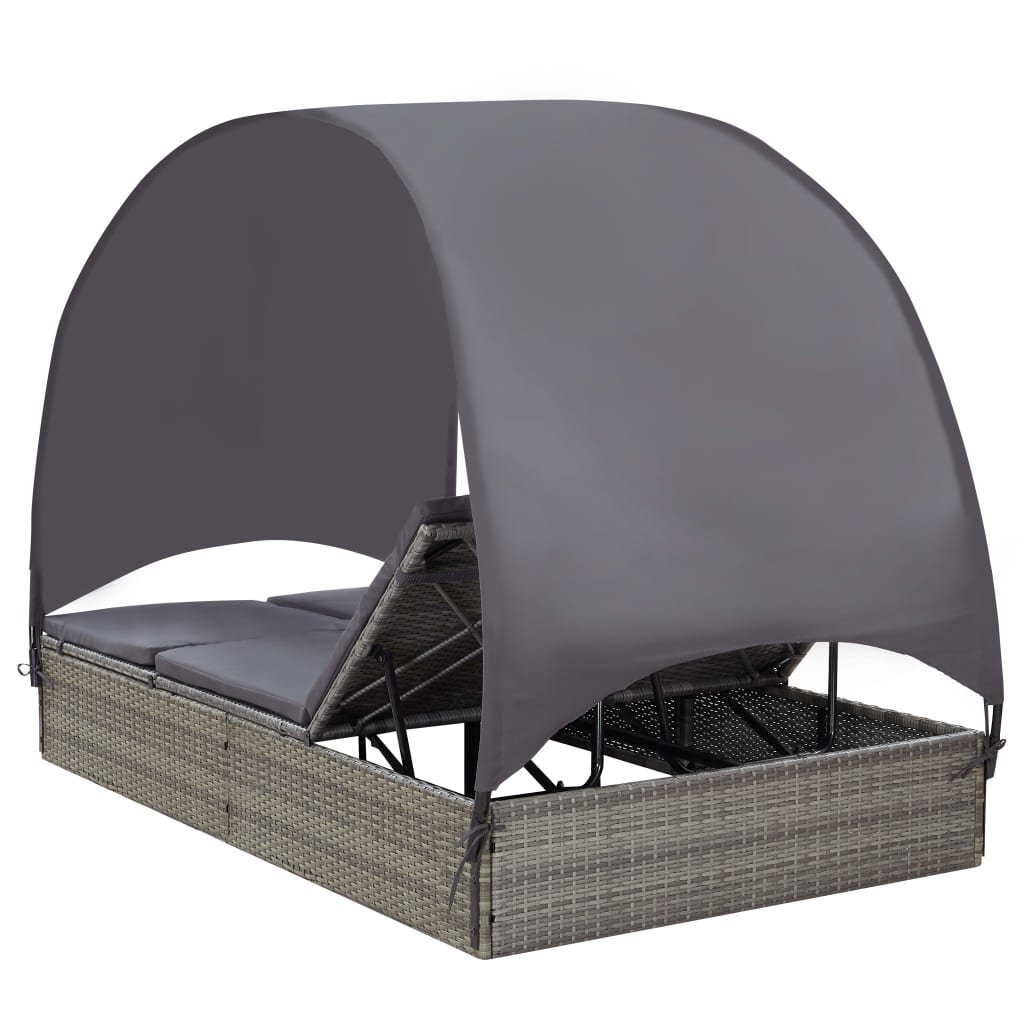Doppel-Sonnenliege mit Sonnendach Poly Rattan Grau