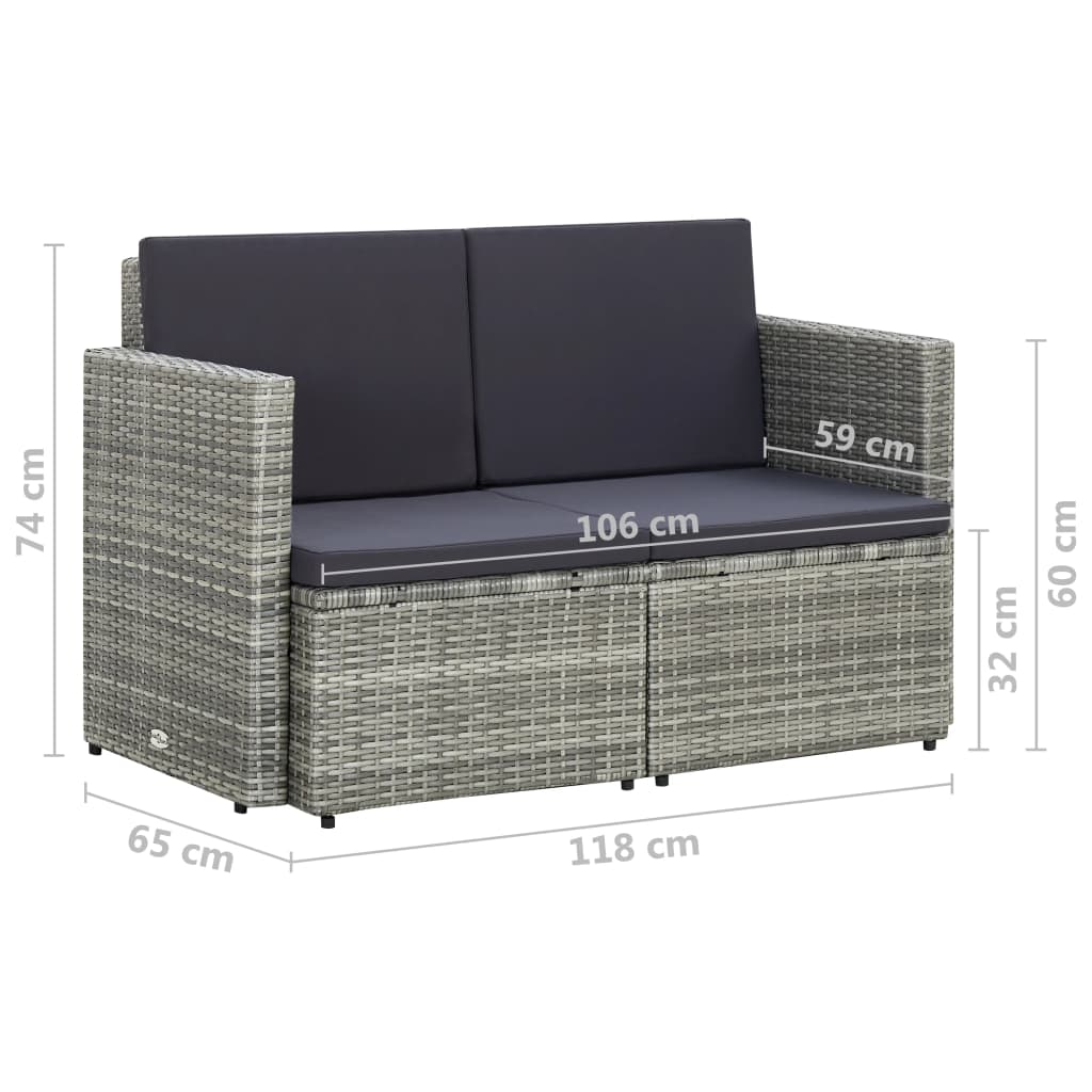 2-seater garden sofa with cushions gray poly rattan
