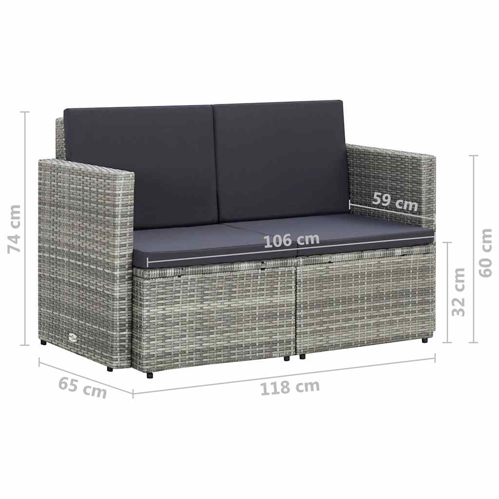 2-Sitzer-Gartensofa mit Auflagen Grau Poly Rattan