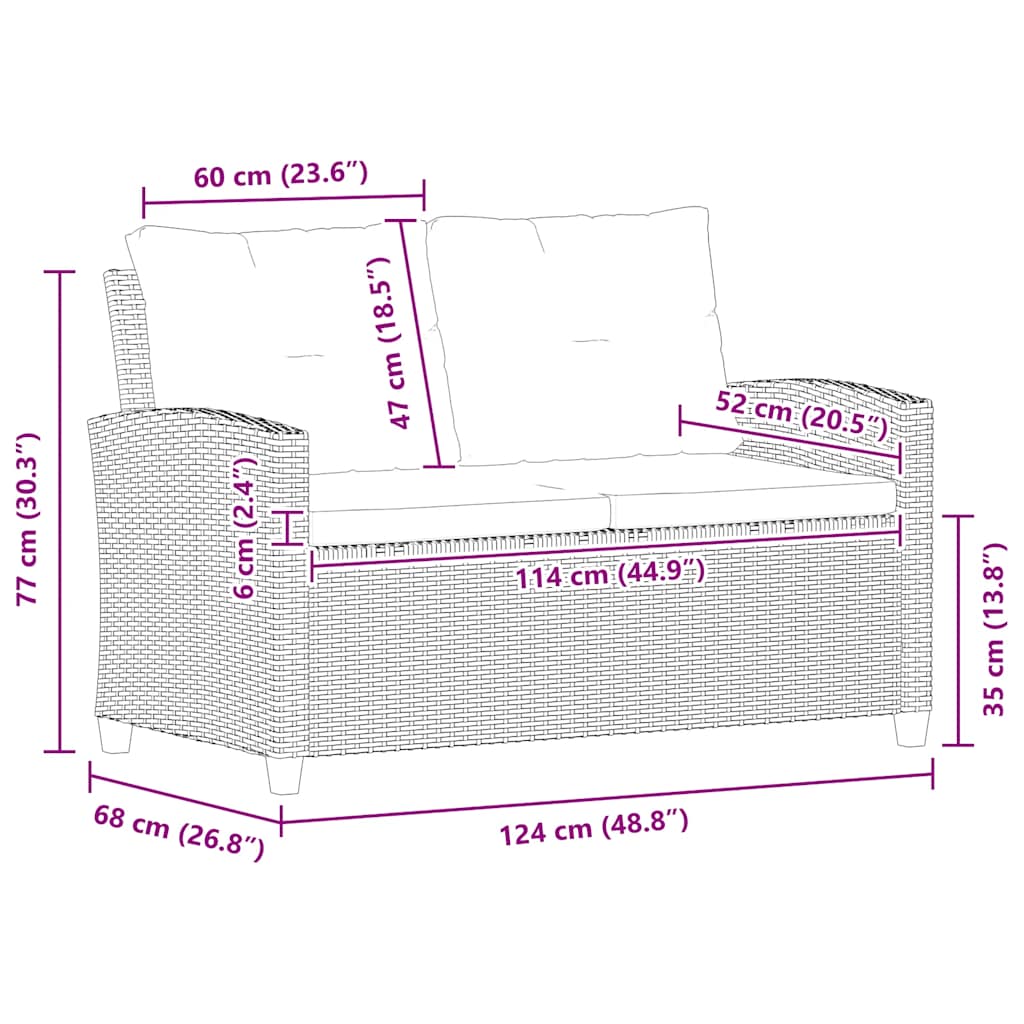 Canapé de jardin 2 places avec coussins gris 124 cm poly rotin